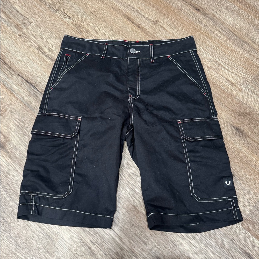 Y2K True Religion Black Cargo Shorts with Contrast Stitching